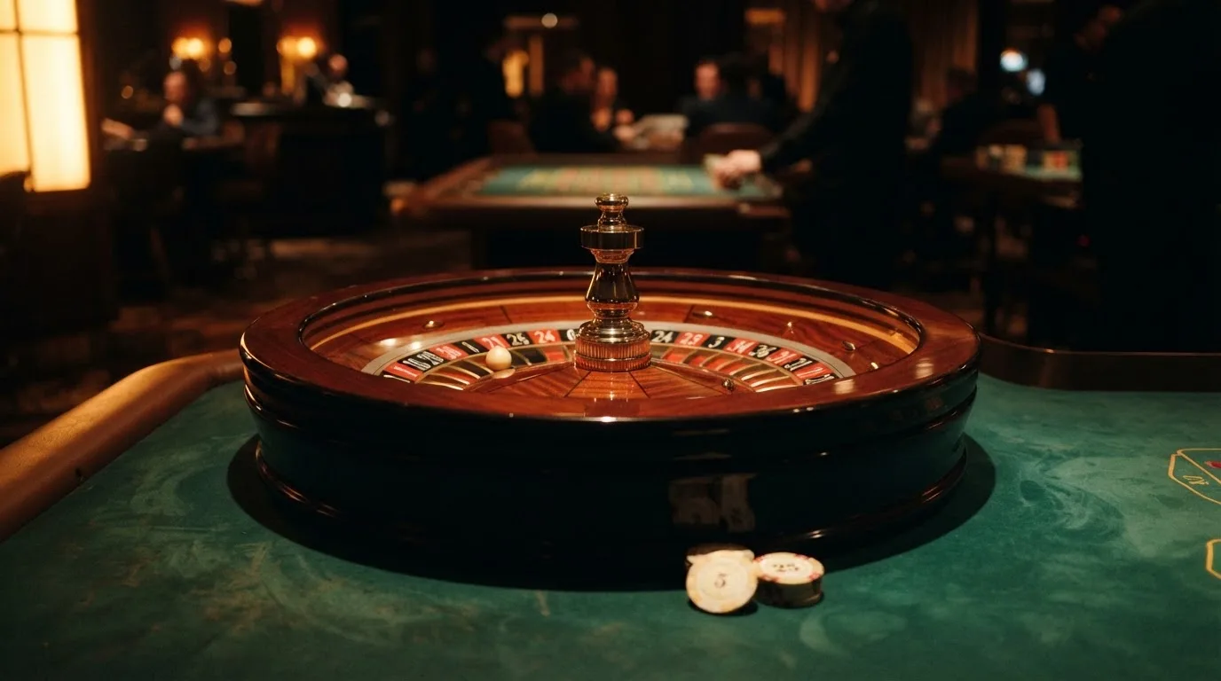 Rulettkerék és zsetonok zöld posztón, meleg esti fényben — blackjack szabályok magyaroknak