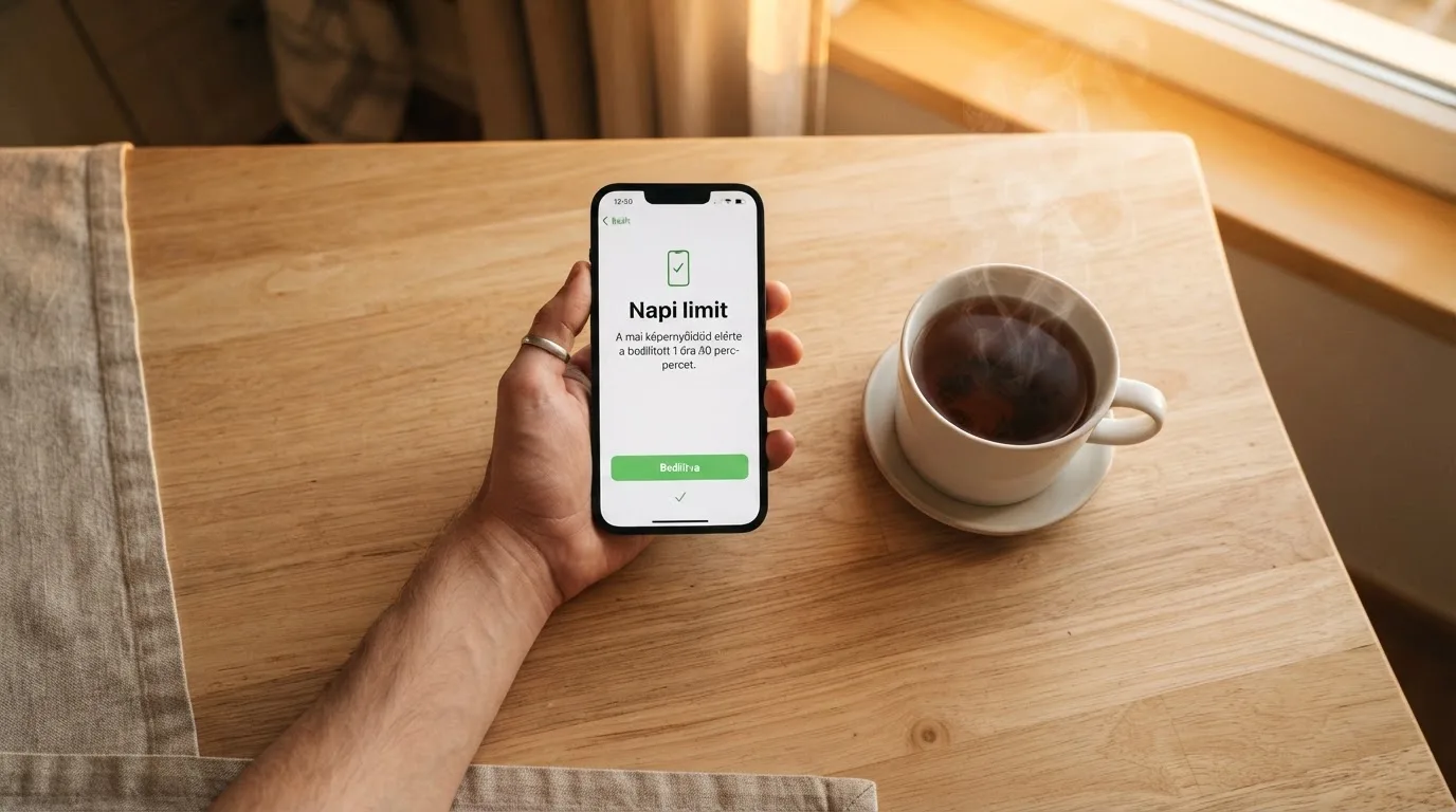 Kéz tart egy mobiltelefont egy csésze tea mellett a konyhaasztalon egy nyugodt estén — kaszinó szerencsejáték magyarországon