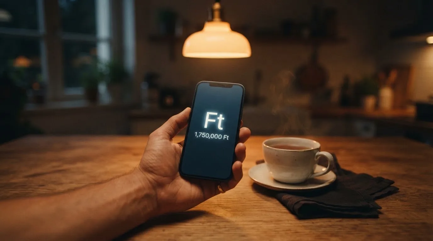 Kéz tart egy mobiltelefont egy csésze tea mellett a konyhaasztalon egy nyugodt estén — külföldi magyar kaszinók