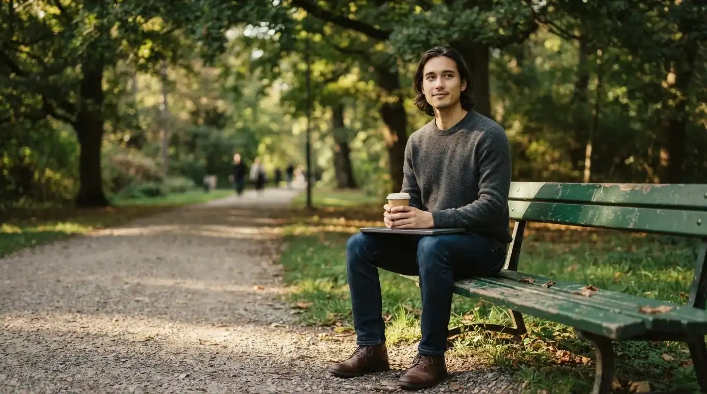 Fiatal férfi parkpadon ül, kezében összecsukott laptop és kávé, nyugodtan szünetet tart, a háttérben fák.
